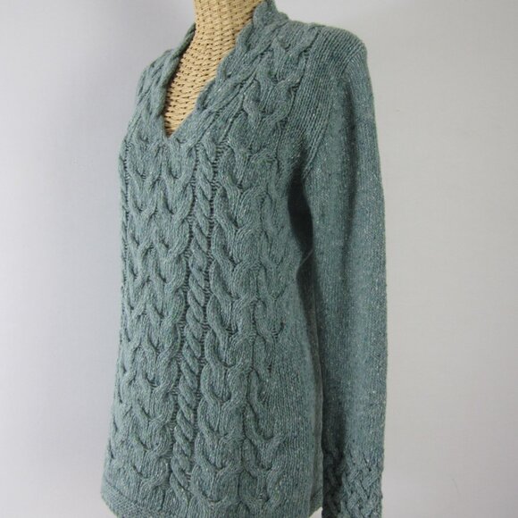 Irelands Eye Womens L Teal Blue Green Wool Cashmere V Neck Cable Knit Sweater - Picture 2 of 10